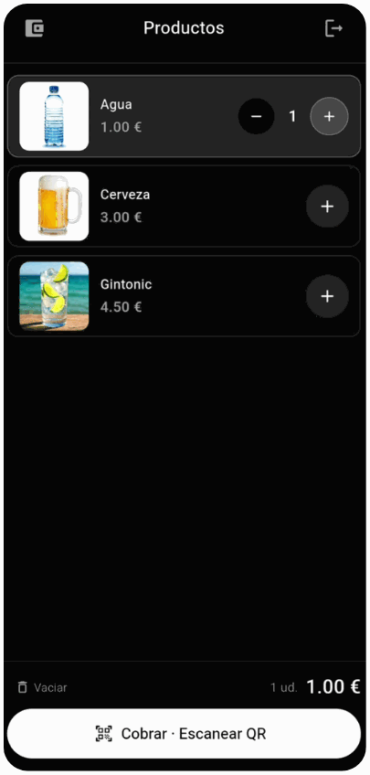 Terminal de venta de los camareros con los productos, su precio y el botón Cobrar · Escanear QR