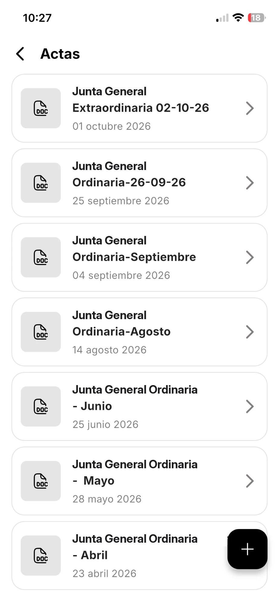 Listado de actas del colectivo en la app
