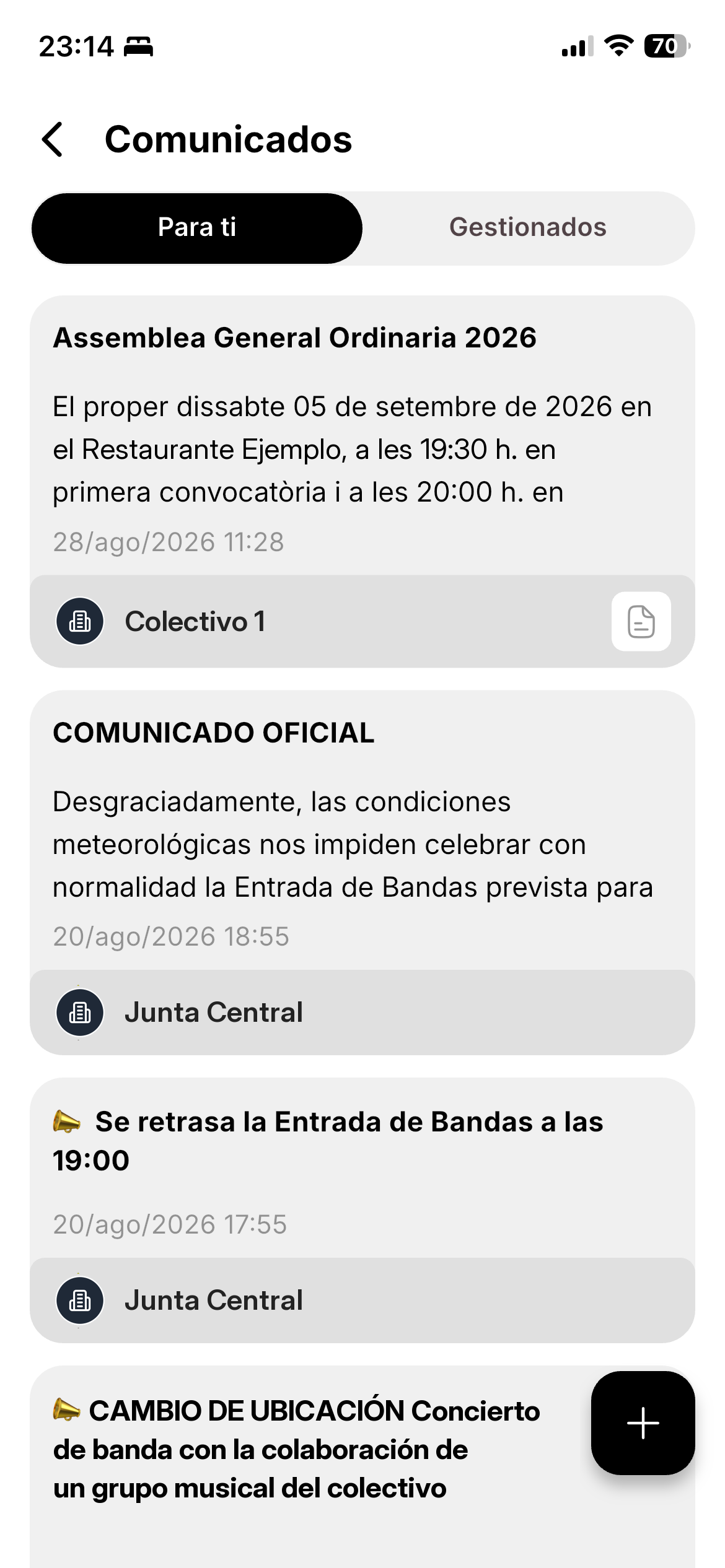 Detalle de un comunicado en la app con el texto y los documentos adjuntos