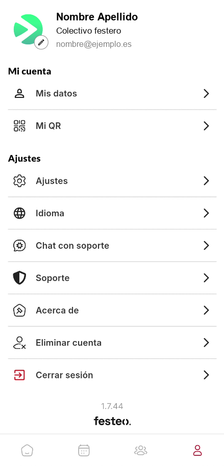 Pantalla Perfil con el acceso a Ajustes