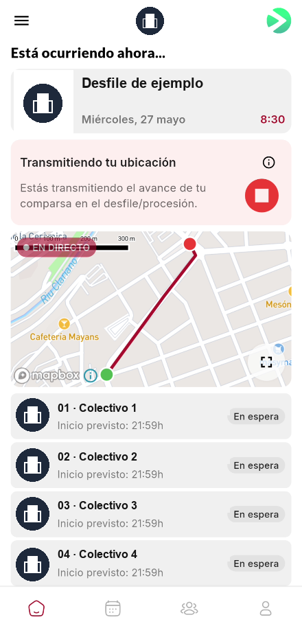 Transmisión activa con el botón de detener y el mapa en directo