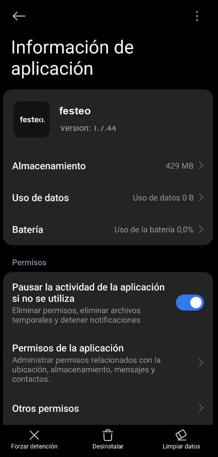 Información de la aplicación en Android