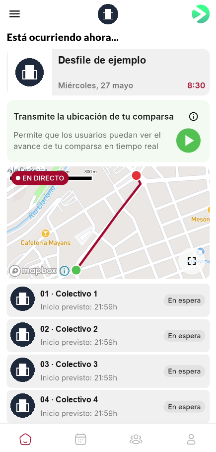 Pantalla de inicio con la tarjeta para transmitir la ubicación y el mapa en directo