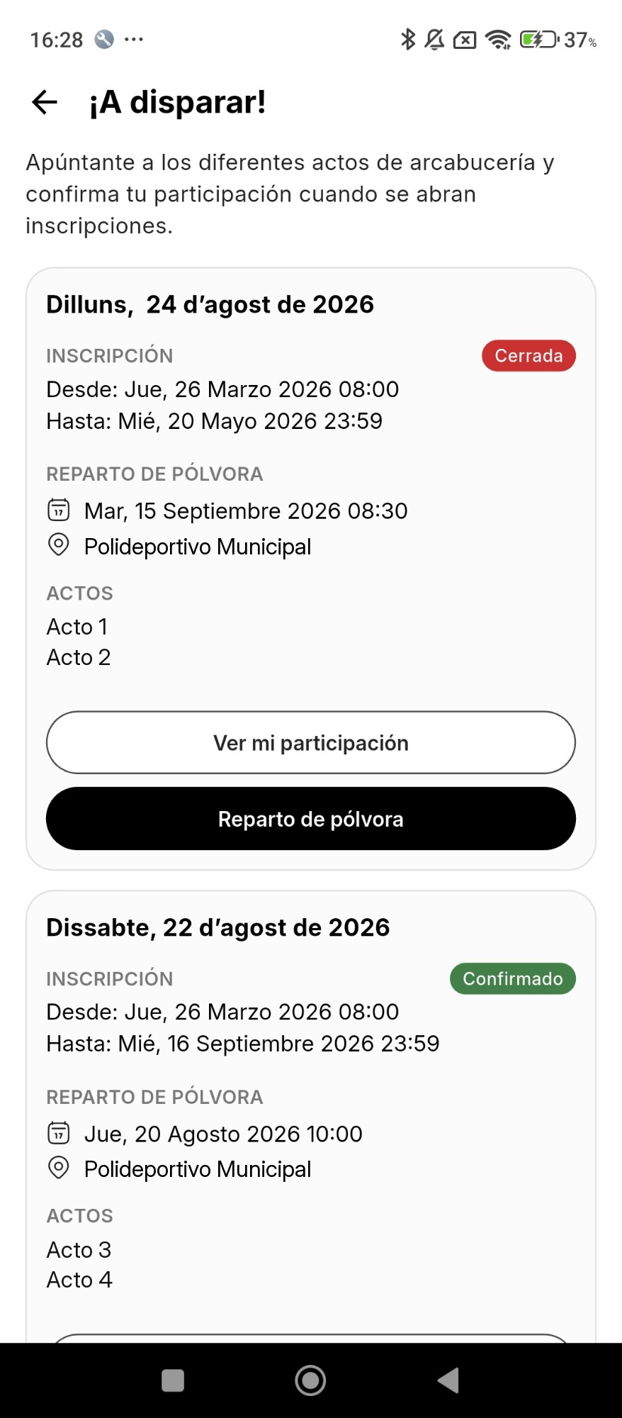 Listado de actos con un grupo con inscripción cerrada y otro confirmado, con los botones Ver mi participación y Reparto de pólvora