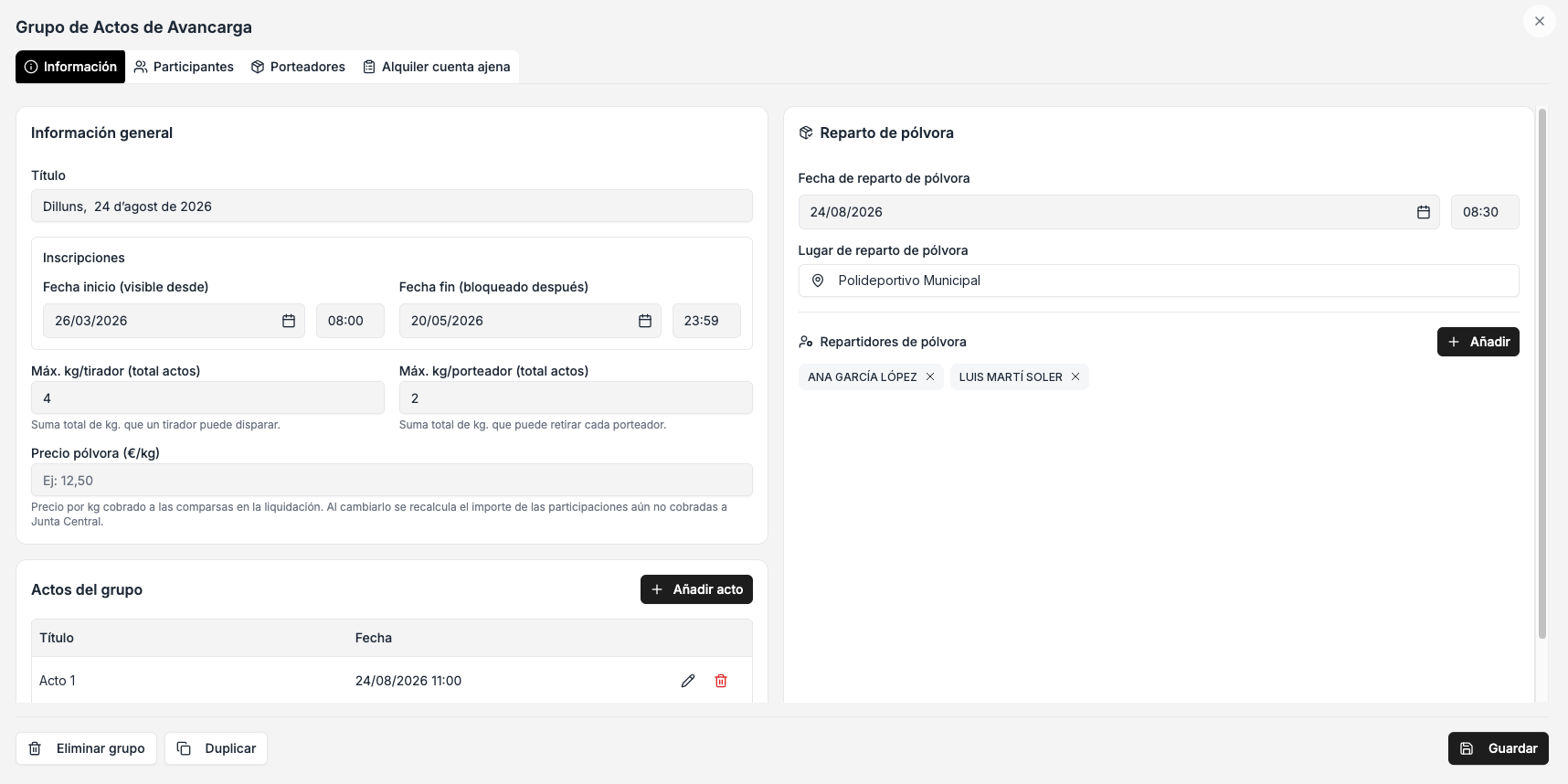 Grupo de actos de avancarga, pestaña Información: título, inscripciones, máximos de kilos, precio de la pólvora, actos del grupo y, a la derecha, el reparto de pólvora con su fecha, lugar y repartidores