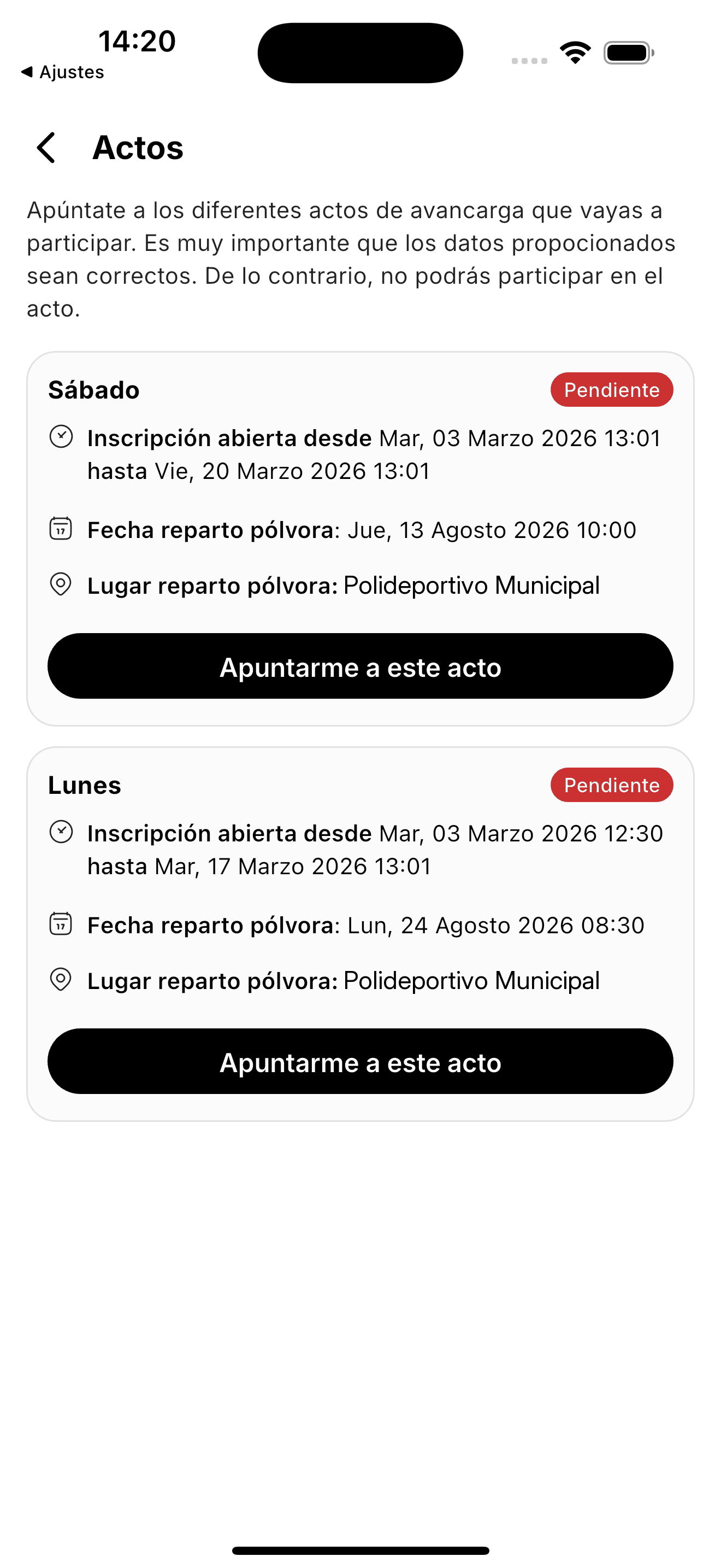 Listado de actos con el periodo de inscripción, la fecha y el lugar de reparto de pólvora y el botón Apuntarme a este acto