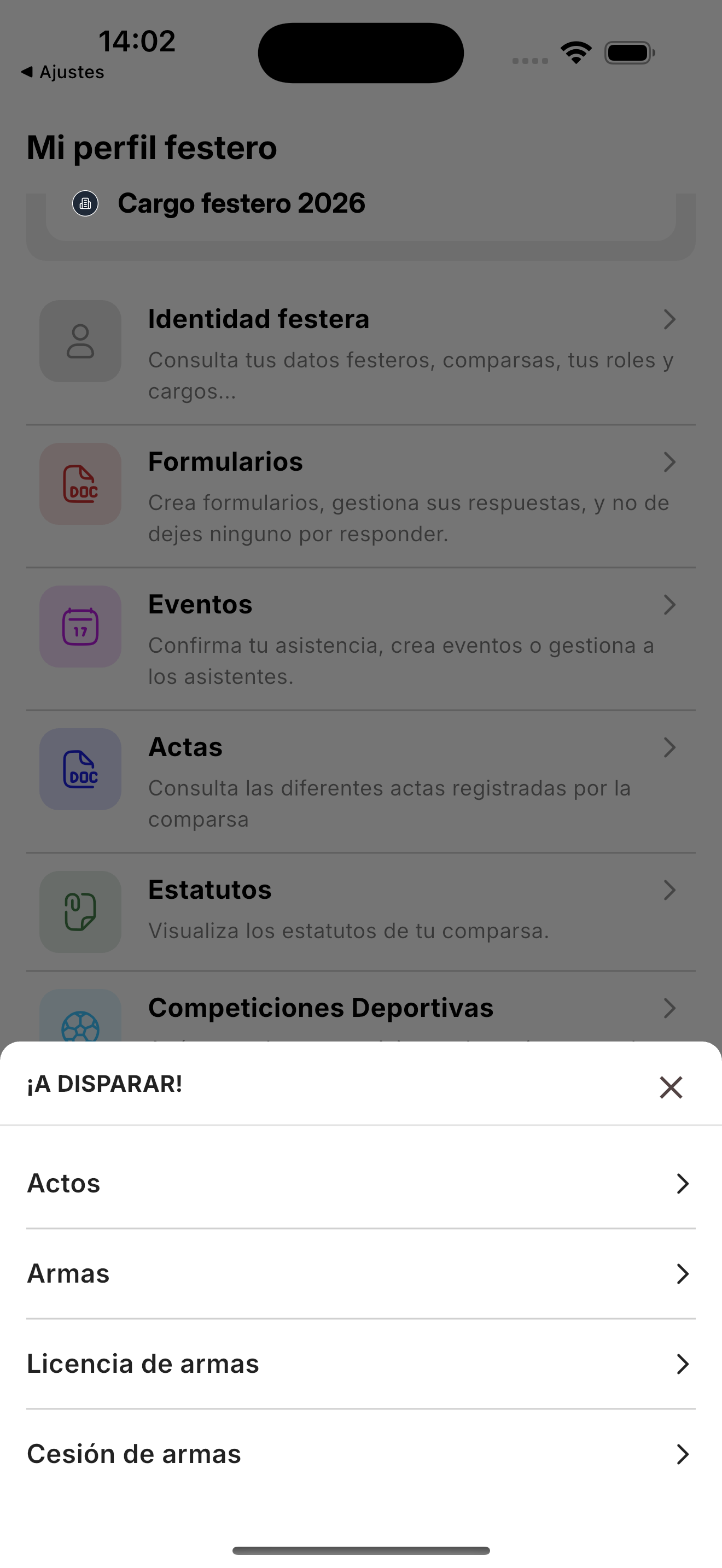 Menú ¡A disparar! con Actos, Armas, Licencia de armas y Cesión de armas