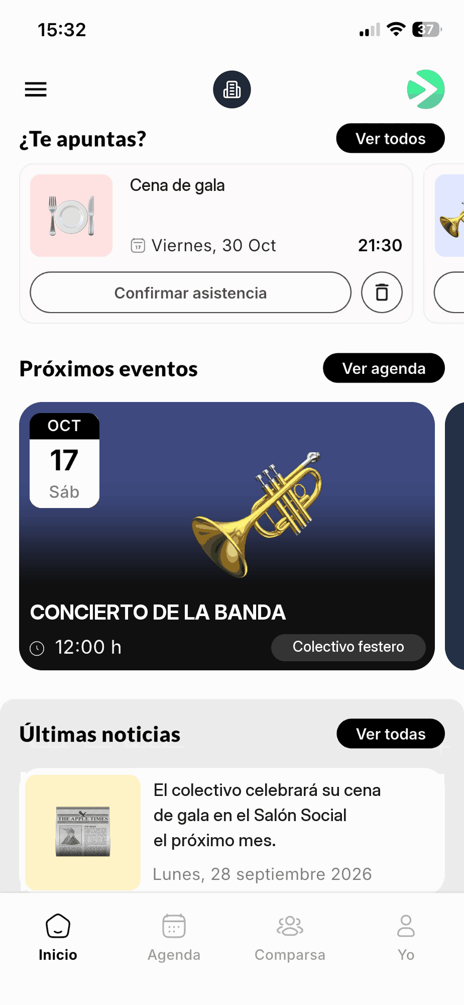 Pestaña Inicio de la app con el bloque ¿Te apuntas? y un evento con el botón Confirmar asistencia, más los próximos eventos y las últimas noticias