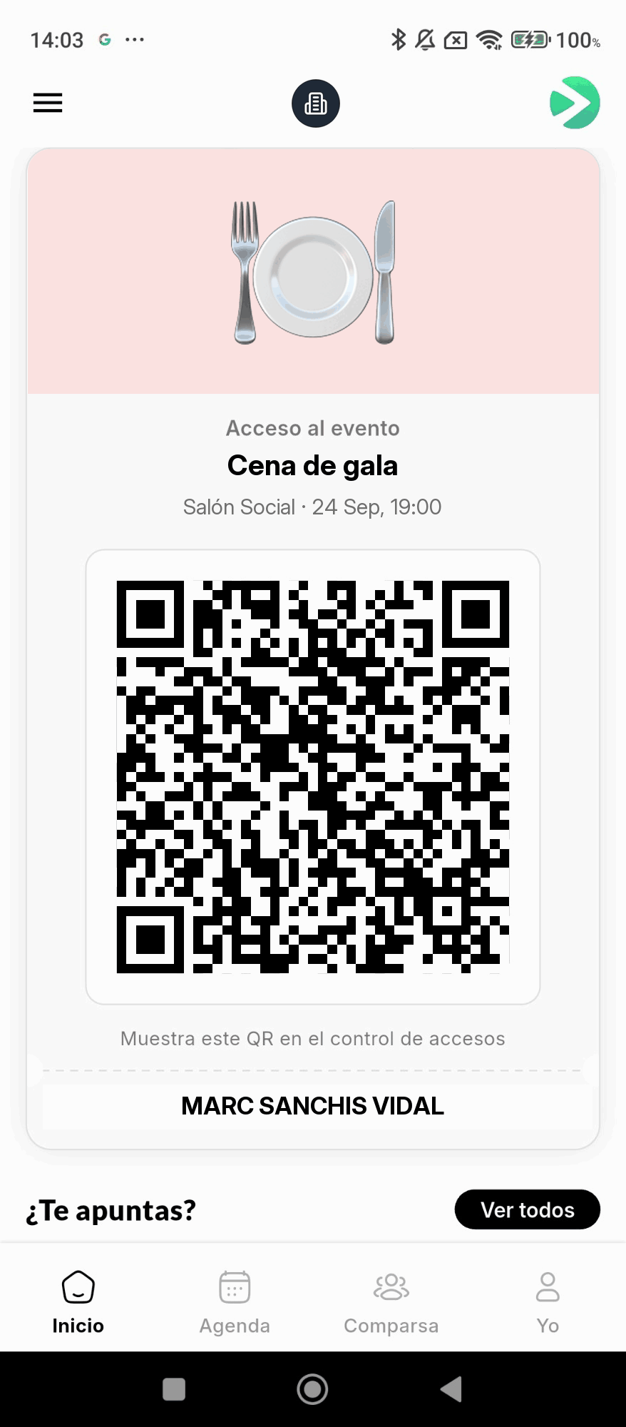 Tarjeta «Acceso al evento» en Inicio con la imagen y el título del evento, el código QR y el nombre del festero