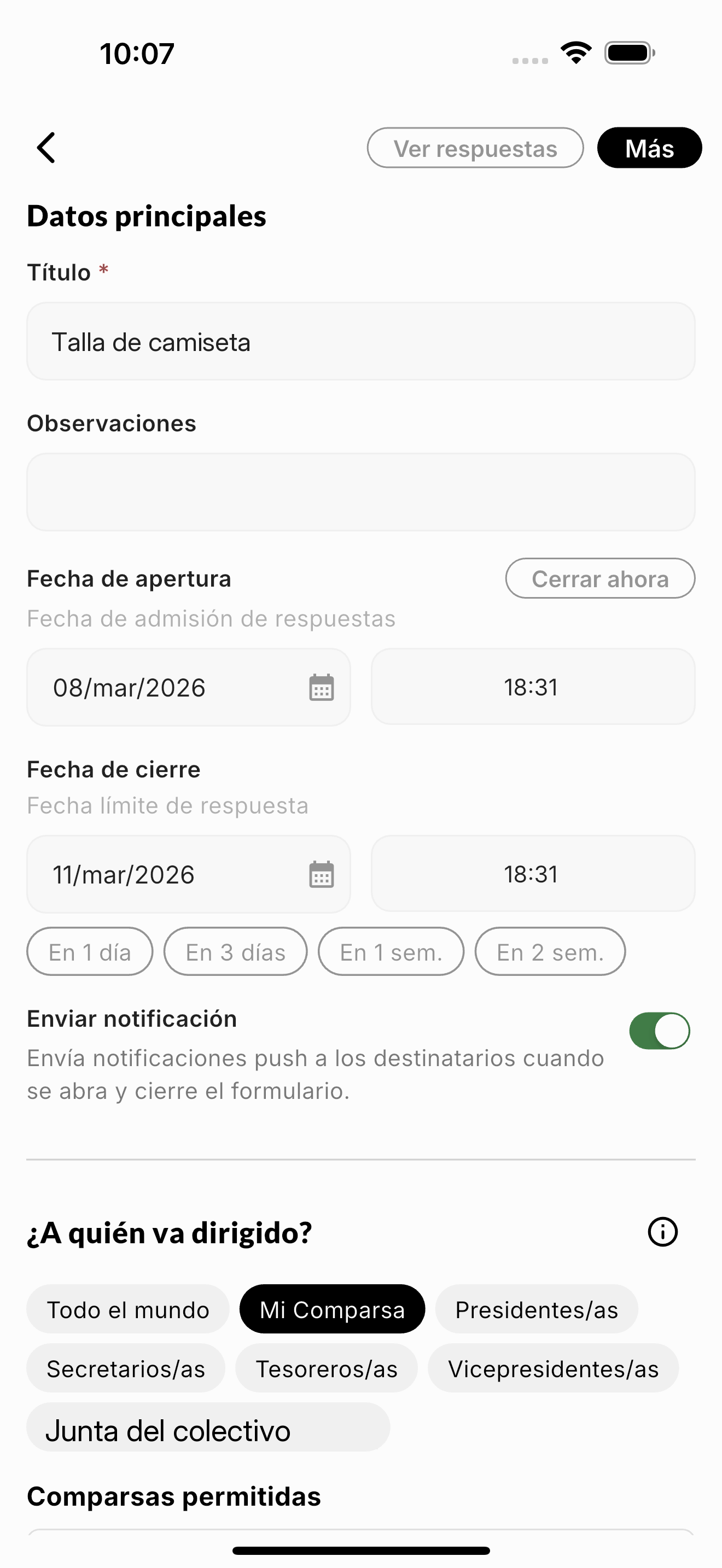 Datos principales del formulario en la app: título, fechas y a quién va dirigido