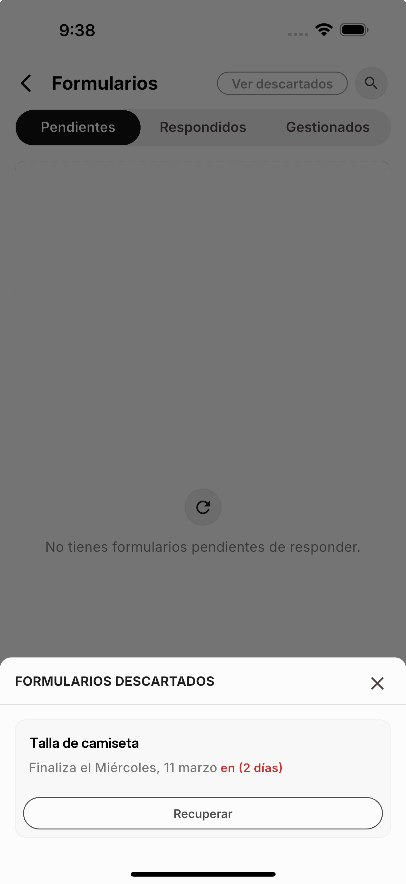 Ventana de formularios descartados en la app con el botón Recuperar