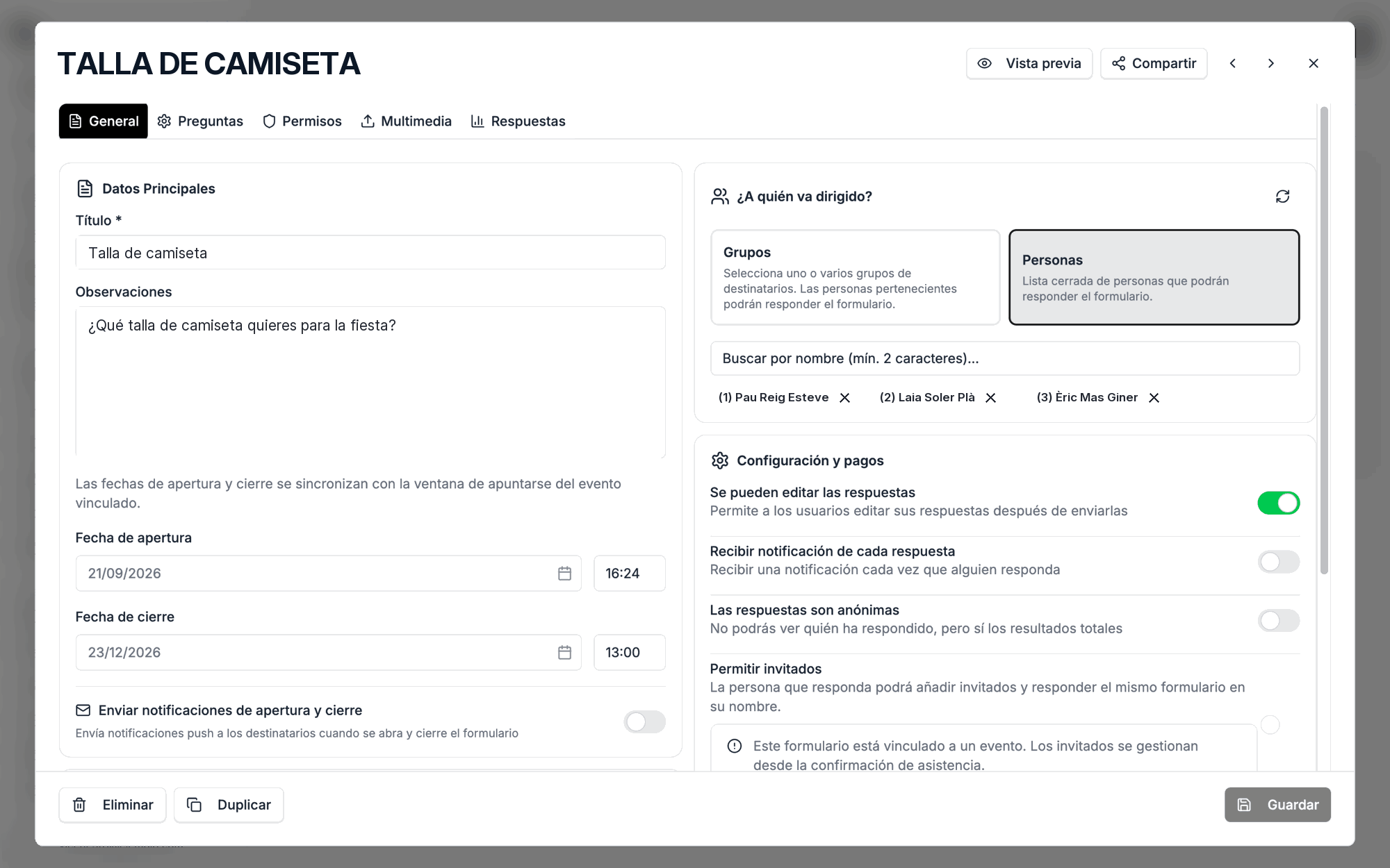 Pestaña General del formulario: título y observaciones, fechas de apertura y cierre, a quién va dirigido y la configuración con sus interruptores