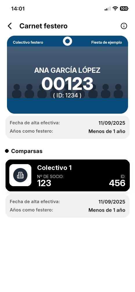 Carnet festero en la app: el carnet con el nombre y el número, la fecha de alta y los años como festero, y la tarjeta del colectivo con el número de socio y el ID