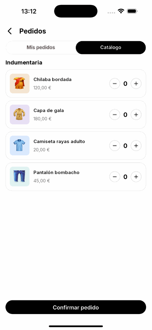 Pantalla Pedidos de la app, pestaña Catálogo: productos de la familia Indumentaria con su imagen, precio y botones para elegir cantidad, y el botón Confirmar pedido