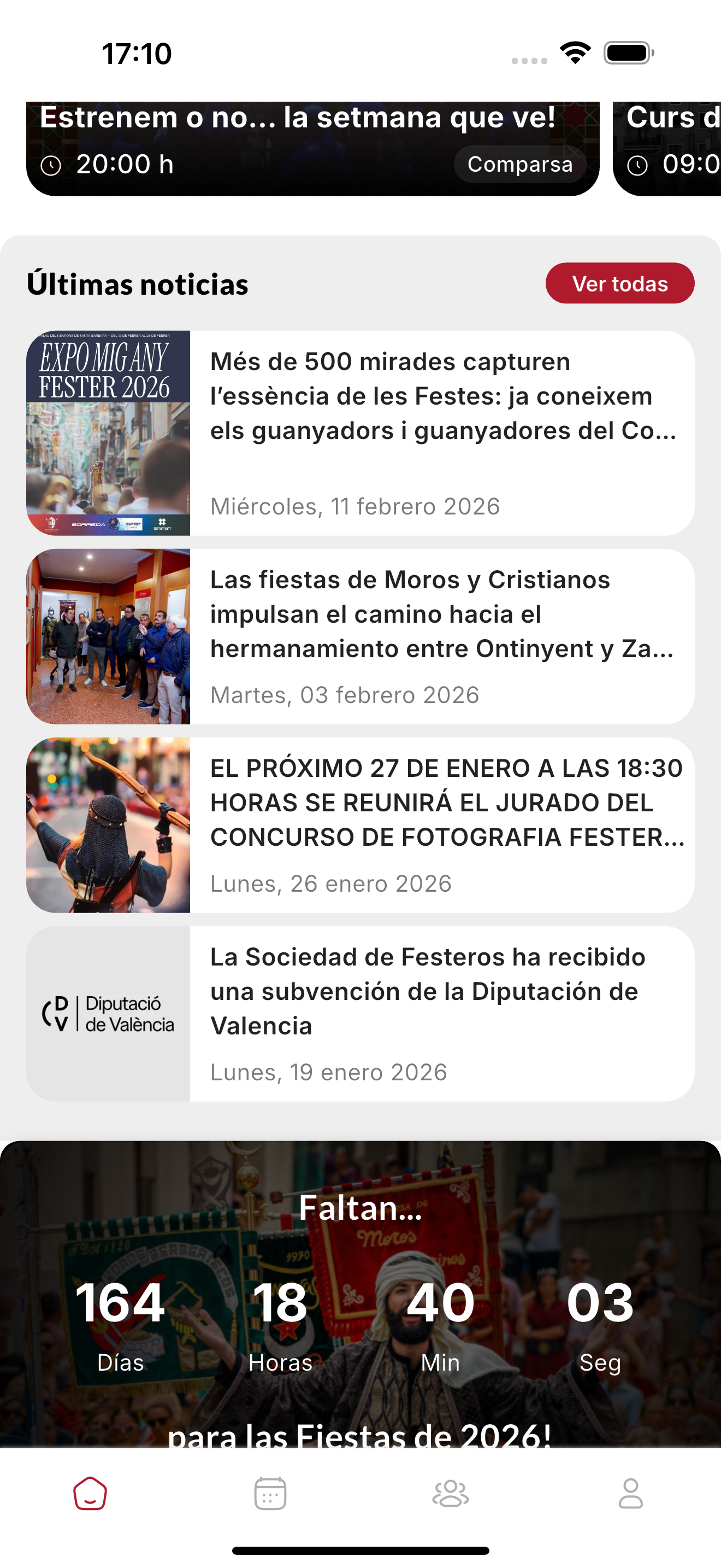 Bloque Últimas noticias en la pantalla Inicio de la app