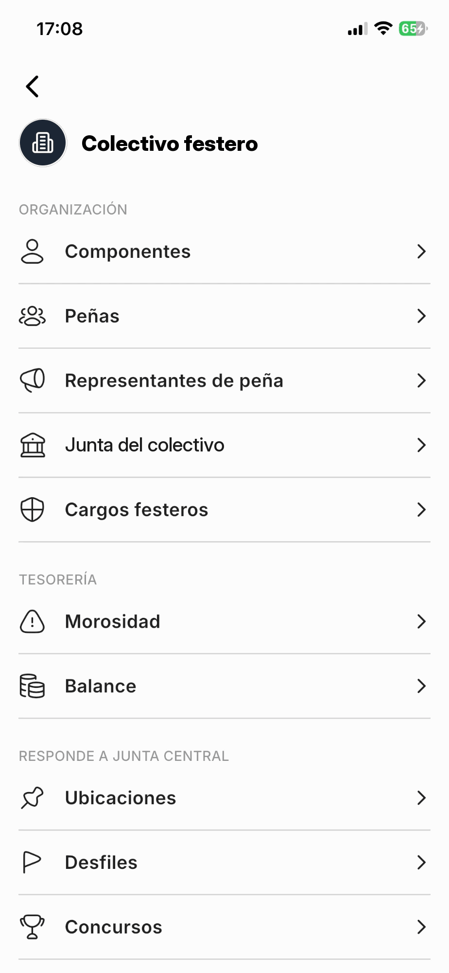 Menú de gestión de un colectivo en la app: Componentes, Peñas, Representantes de peña, Junta del colectivo y Cargos festeros; Tesorería con Morosidad y Balance; y Responde a Junta Central