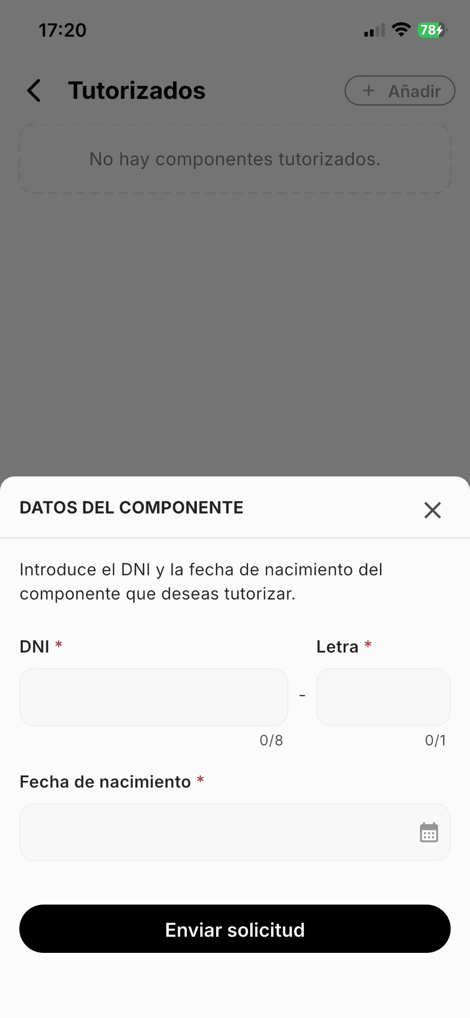 Datos del componente: DNI, letra y fecha de nacimiento, y botón Enviar solicitud