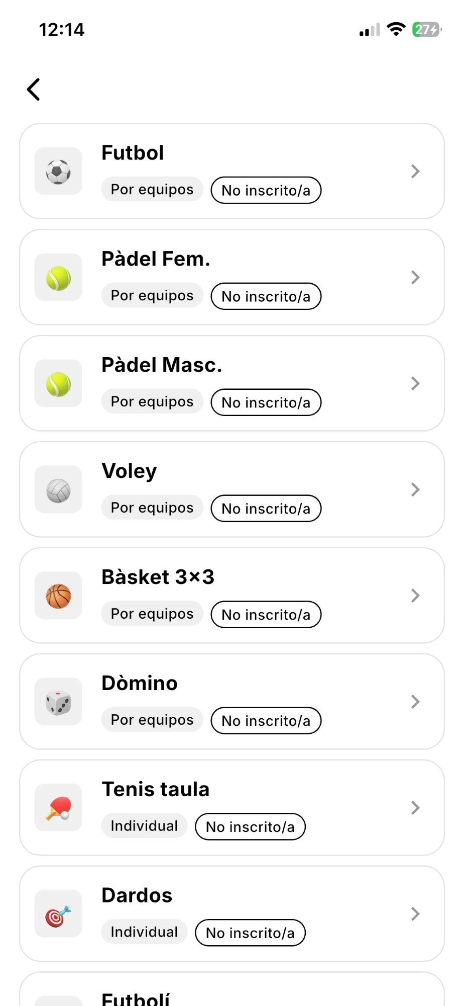 Lista de deportes de la olimpiada con su tipo, Por equipos o Individual, y el estado No inscrito