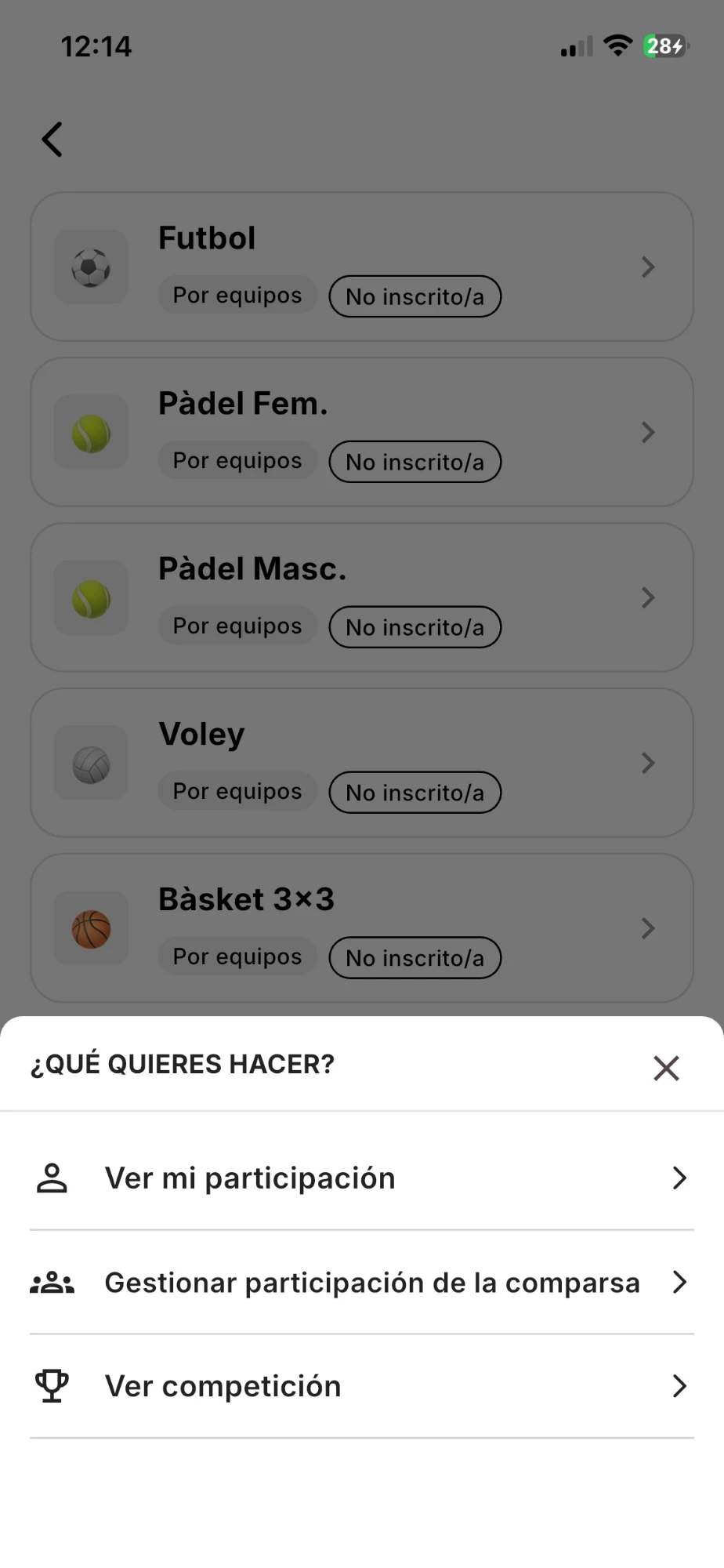 Menú ¿Qué quieres hacer? con Ver mi participación, Gestionar participación de la comparsa y Ver competición