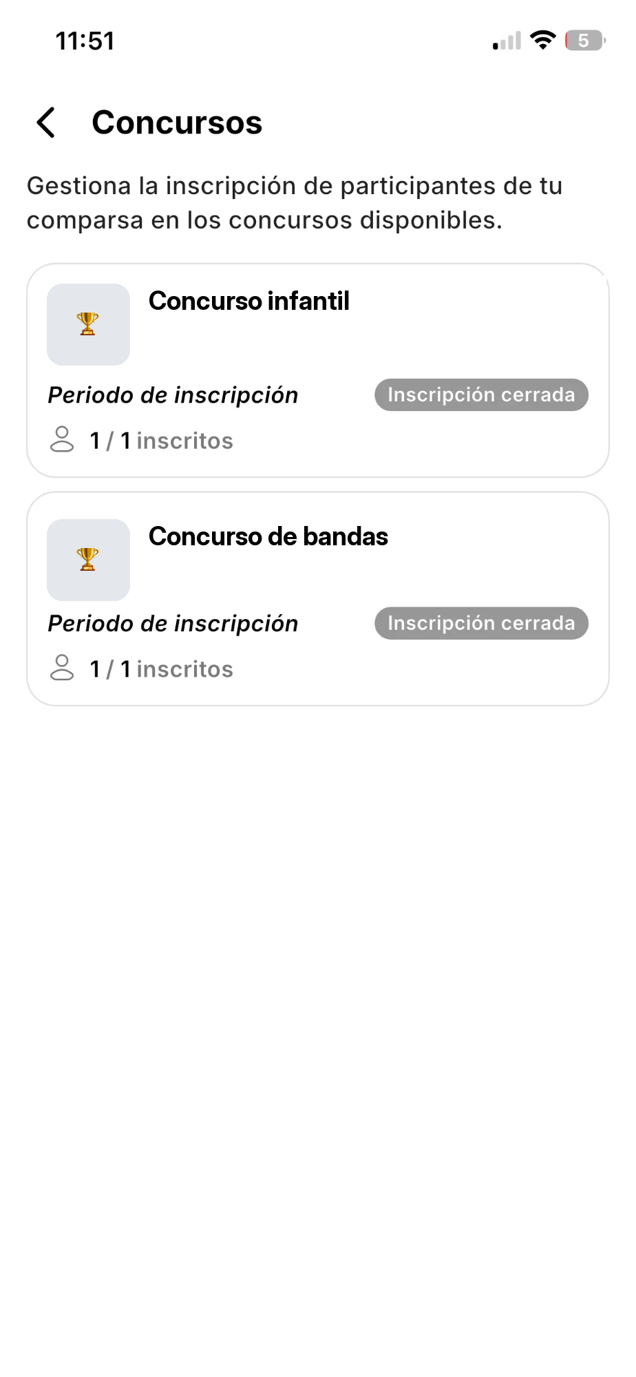 Lista de concursos del colectivo en la app con la imagen, el estado Inscripción cerrada y los inscritos sobre el máximo