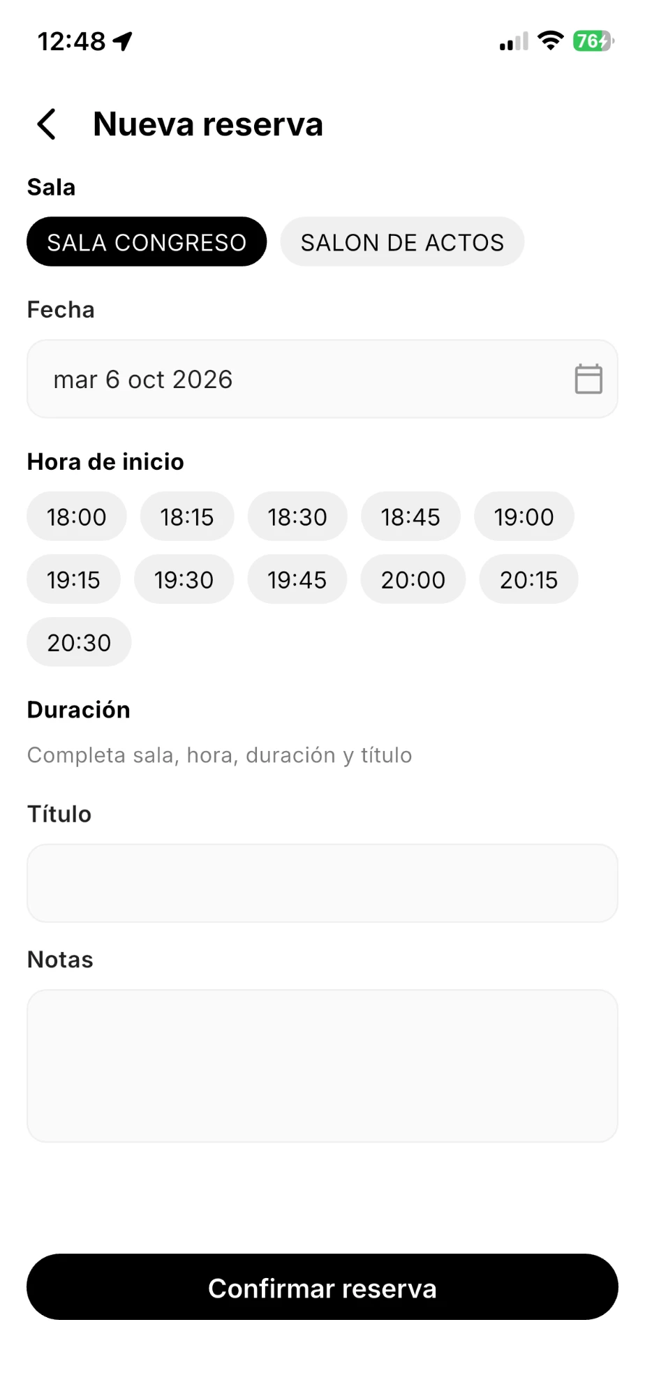 Pantalla Nueva reserva con las salas, la fecha, las horas de inicio disponibles, la duración, el título y las notas