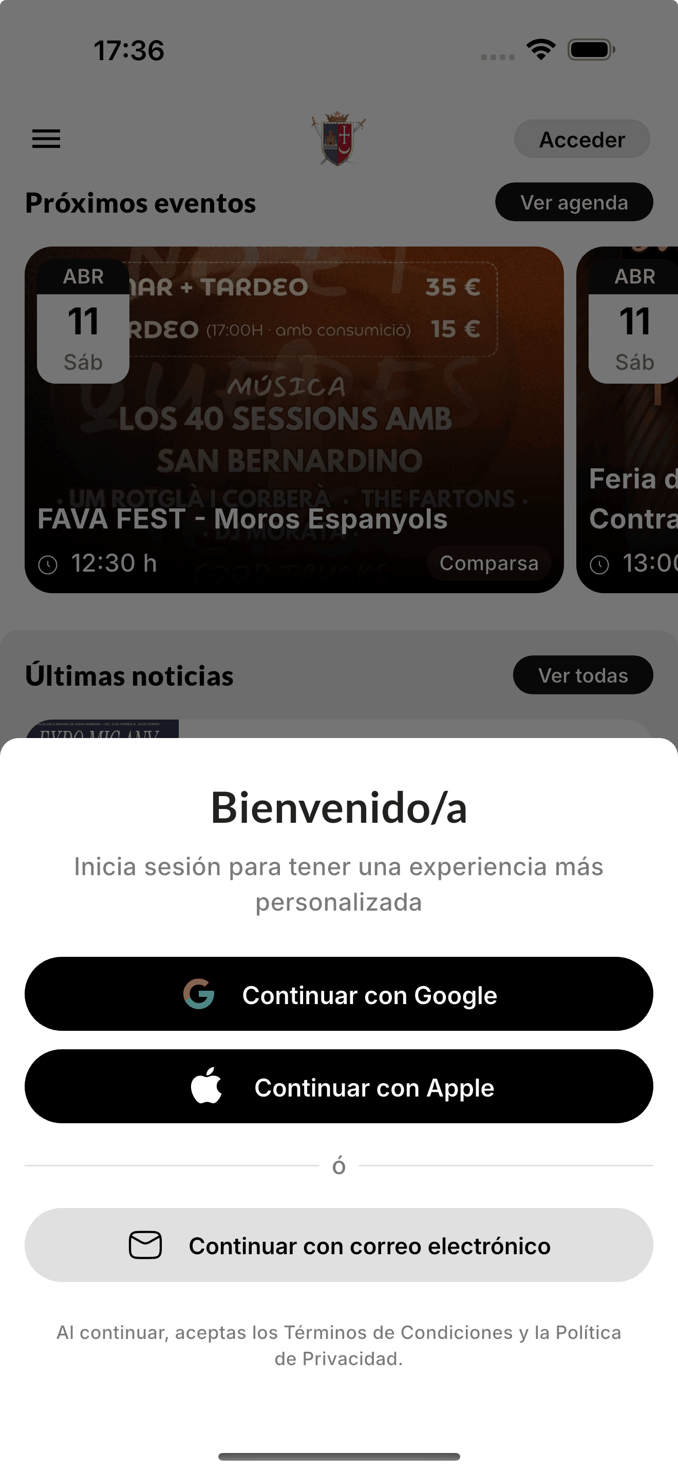 Pantalla de bienvenida de la app con los botones Continuar con Google, Continuar con Apple y Continuar con correo electrónico