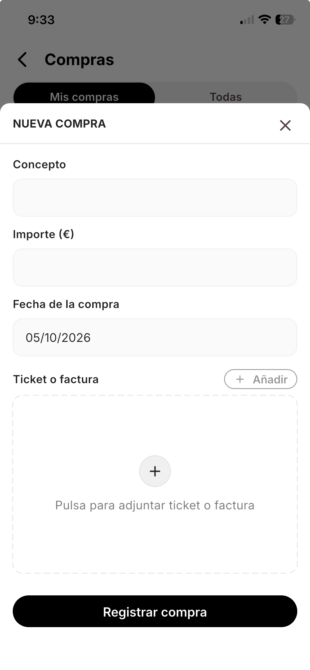 Registro de una compra en la app con concepto, importe, fecha y foto del ticket