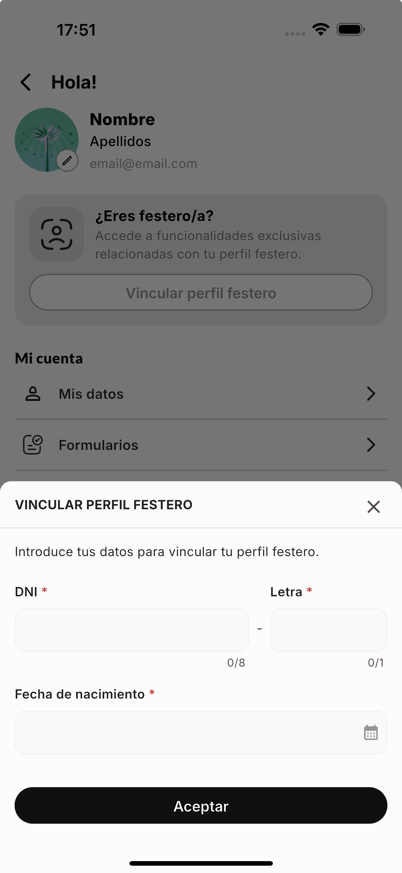 Formulario para vincular el perfil festero con el DNI y la fecha de nacimiento