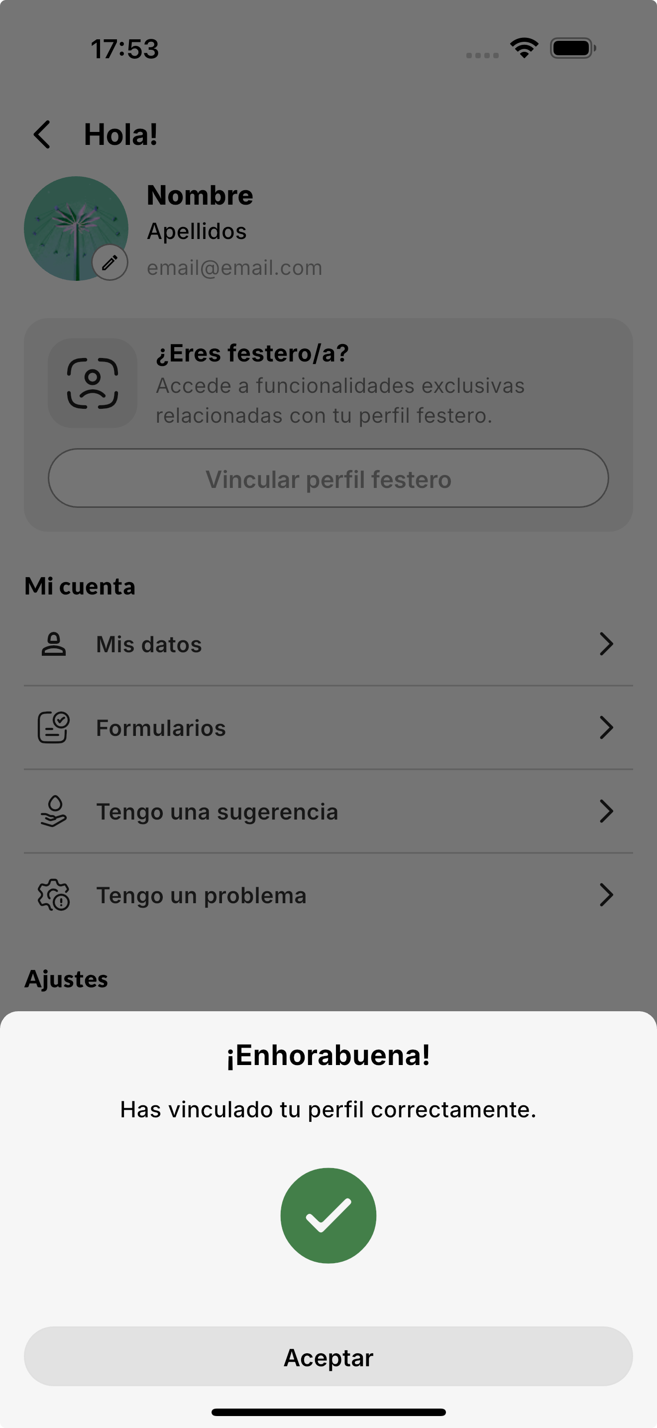Mensaje ¡Enhorabuena! Has vinculado tu perfil correctamente
